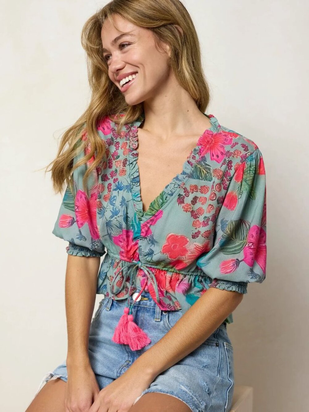 NEW Natural Life Elisa Ruffle Tie Top Tropical Floral Size L NWT